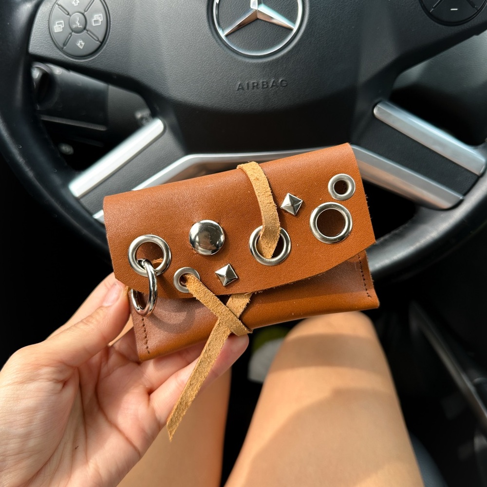 Grommet-Embellished Brown Leather Key Pouch